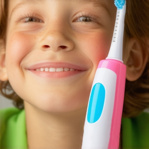 A young child using a vibrant electric toothbrush with parental guidance