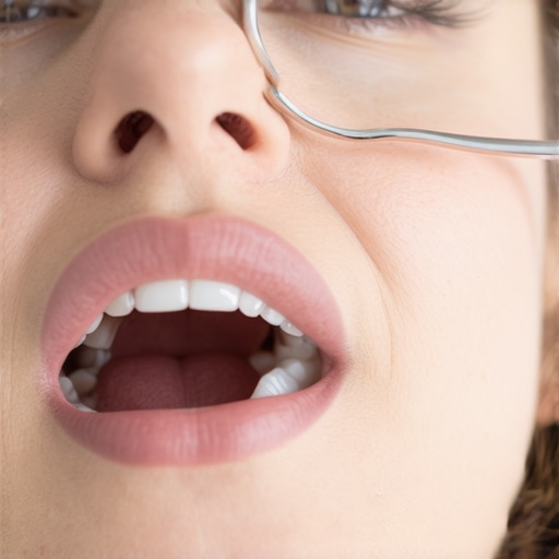 Dentist inspecting a patient's old dental filling during a checkup.