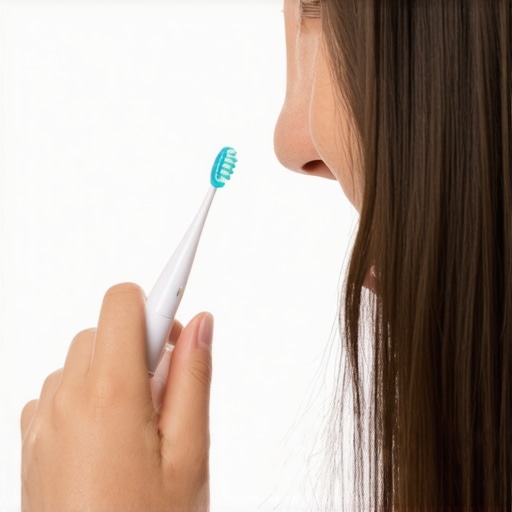Dental maintenance tools for crowns. Person cleaning around dental crowns with interdental brushes and an electric toothbrush.