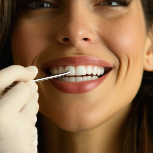 Dentist demonstrating correct flossing to a patient in a dental office.
