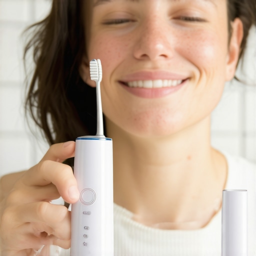 A person cleaning their teeth with an electric toothbrush and water flosser.