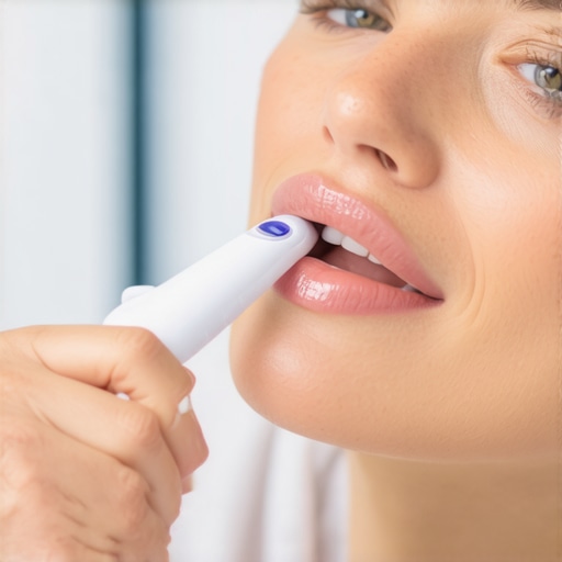 Person demonstrating the use of a water flosser and electric toothbrush for maintaining dental health.