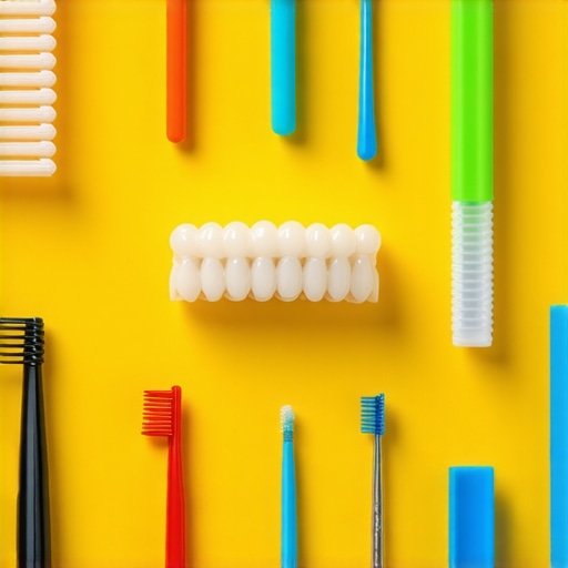 A set of dental care tools including floss, interdental brush, and water flosser arranged on a table.