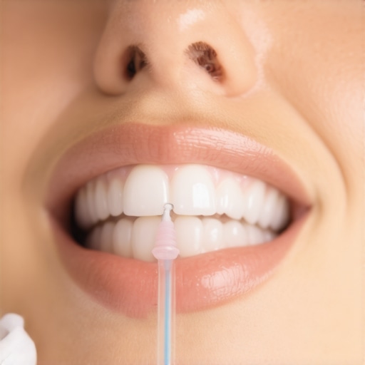 Effective Use of Water Flosser for Crown Care Person demonstrating water flosser cleaning around dental crowns in a bathroom