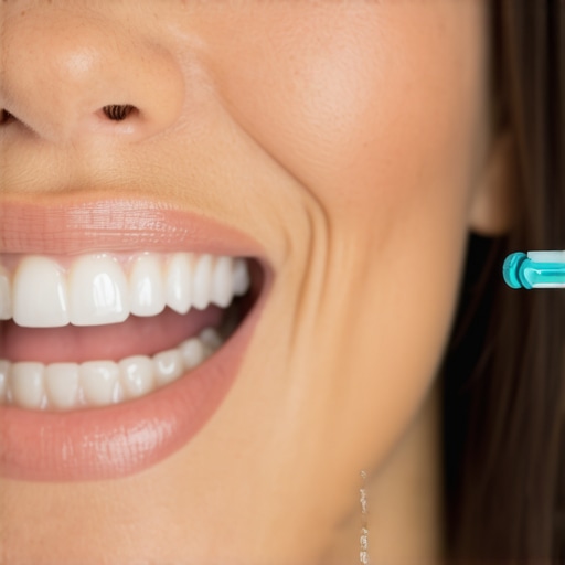 Person demonstrating water flosser cleaning between teeth