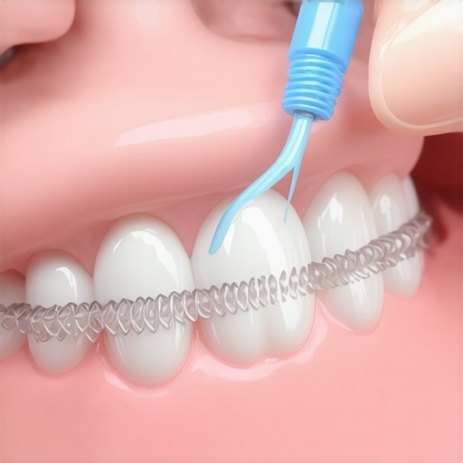 Person using an interdental brush to clean around a dental crown, showcasing good oral hygiene practices.