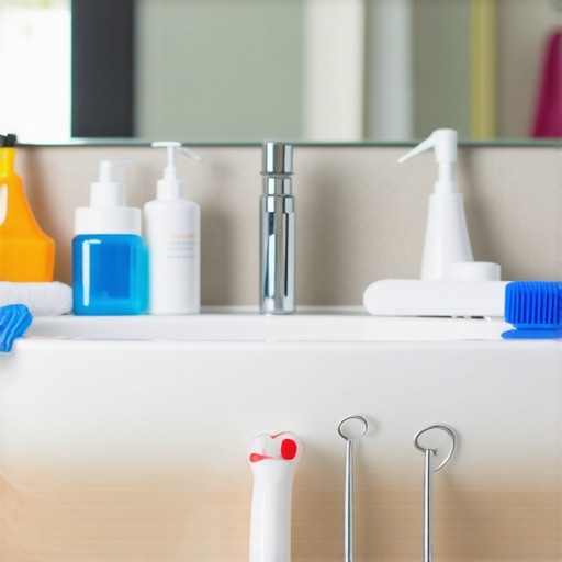 A kit containing dental supplies like gauze, painkillers, and dental wax arranged neatly on a bathroom counter