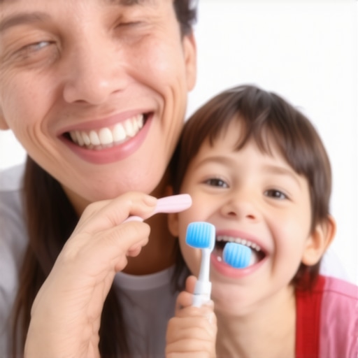Family Using Dental Tools for Better Oral Health Family practicing good oral hygiene with toothbrush and water flosser