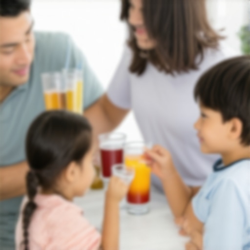 Family drinking water and eating healthy snacks, promoting dental health