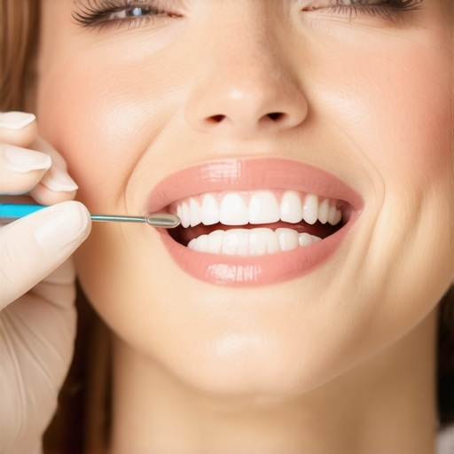 Close-up of a dental professional demonstrating flossing to a patient.