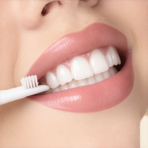 Person gently brushing teeth with a soft toothbrush near a dental crown