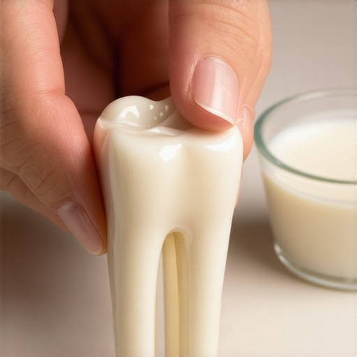 Handling and preserving a knocked-out tooth properly Person gently holding a knocked-out tooth over a bathroom sink with milk container in the background.