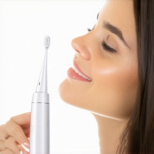 Modern Electric Toothbrush with Pressure Sensor Person brushing their teeth with an electric toothbrush in a bright bathroom