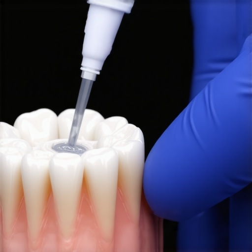 Modern Tools for Long-Term Oral Health Maintenance Person using a water flosser around a dental crown for effective cleaning.