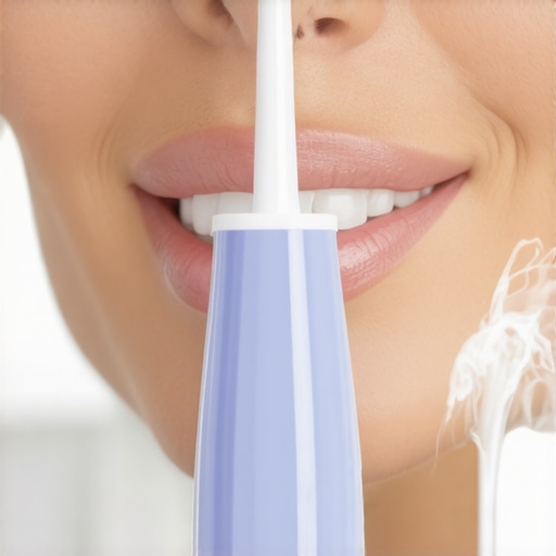 A person's hand using a water flosser to clean between dental crowns and bridges