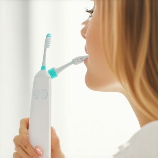 Person using ultrasonic toothbrush and water flosser for dental care.