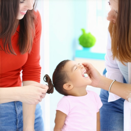 A parent and child talking with a dentist about dental habits in a clinic setting.