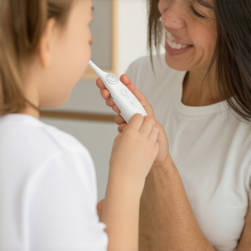 Parent demonstrating proper electric toothbrush technique to their smiling child