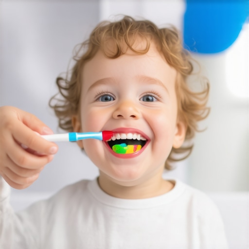 Parent helping toddler brush teeth with colorful toothpaste