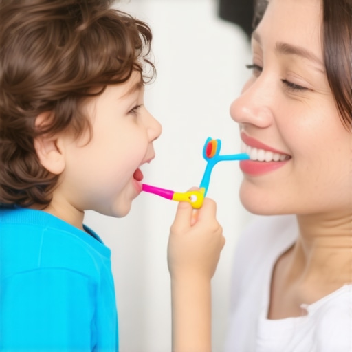 Parent assisting a child with toothbrushing in a cheerful bathroom setting