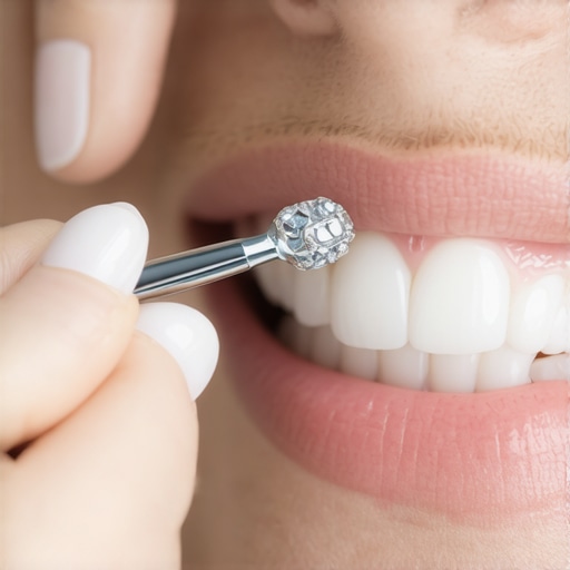 Dentist inspecting a patient's dental crown with dental tools