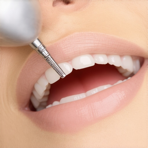 Dentist with ultrasonic scaler cleaning patient's teeth during a dental appointment.