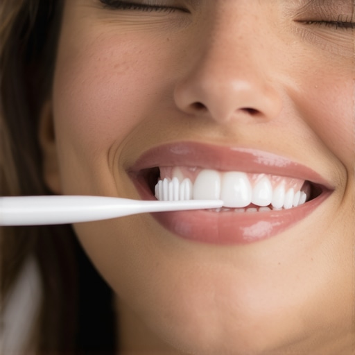 Dentist showing correct brushing method with a soft toothbrush