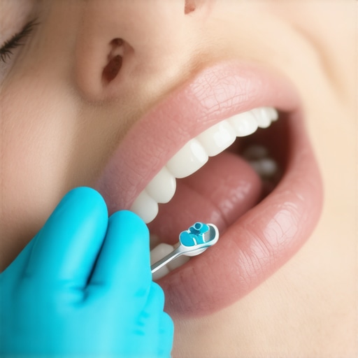 Dentist showing how to floss around a crown on a molar