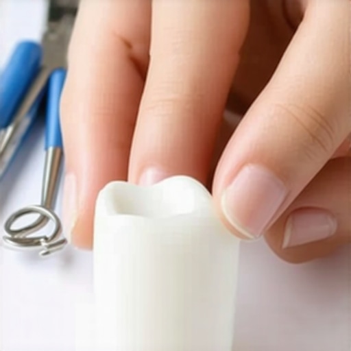 Hand holding a dental crown over a dental workspace