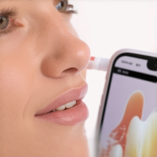Smart Dental Routine Enhancement Person brushing teeth with an electric toothbrush connected to a smartphone app for oral health tracking.