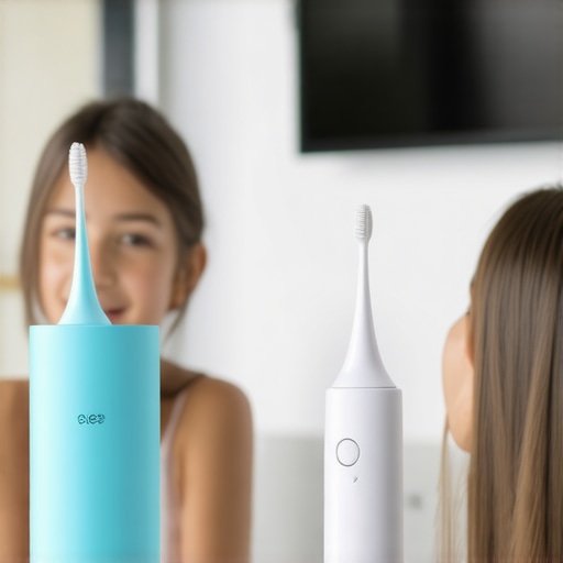 A family demonstrating the use of modern dental cleaning devices at home