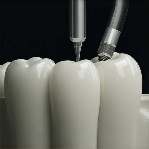Dental professional using ultrasonic scaler to clean a dental crown