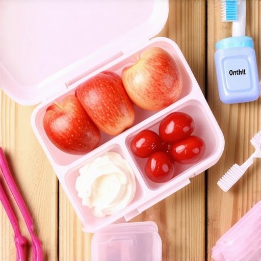 A school lunchbox with orthodontist-approved soft foods and a dental emergency kit for kids with spacers.