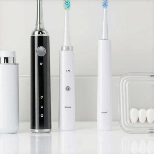 High-tech dental tools including a water flosser and night guard for crown maintenance.