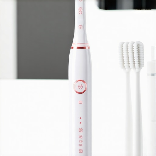 Close up of a sonic toothbrush with pressure sensor and interdental brushes for crown care.