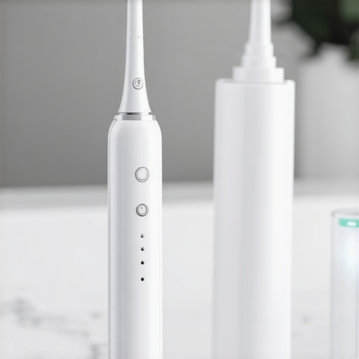 High-end electric toothbrush and water flosser on a bathroom counter.