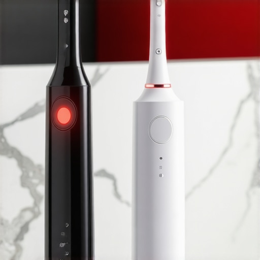 Electric toothbrush with pressure sensor and water flosser on a bathroom counter