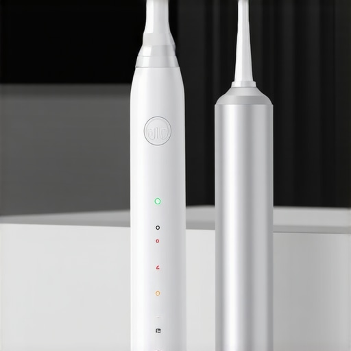 Electric toothbrush and water flosser on a modern bathroom counter for crown maintenance.