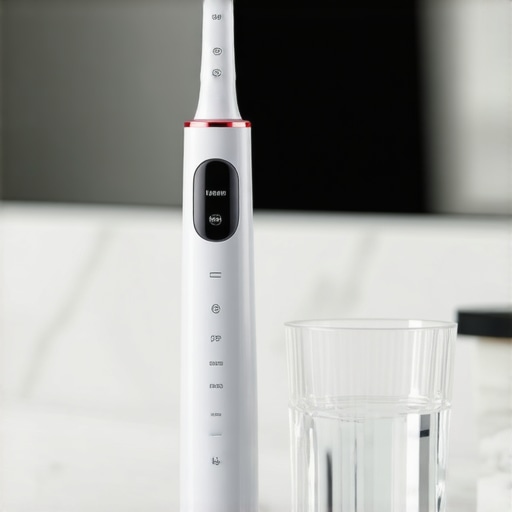 Advanced Oral Health Maintenance Tools An electric toothbrush with a pressure sensor and a water flosser on a bathroom counter.