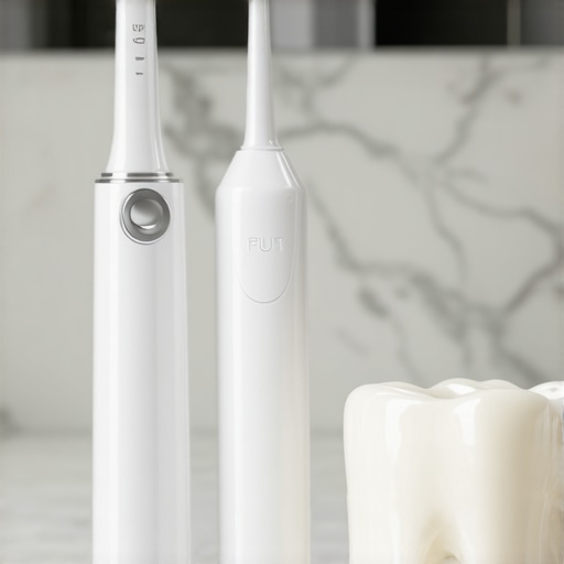 Advanced Oral Health Tools for Crown Maintenance Sonic toothbrush and water flosser on a bathroom counter representing an advanced oral health routine.