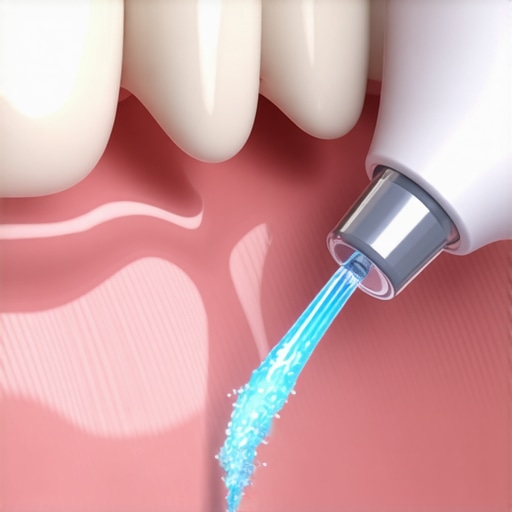 A specialized water flosser tip cleaning the area where a dental crown meets the gum line for long-term maintenance.