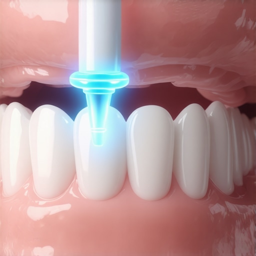 Close-up of a water flosser cleaning the margin of a dental crown to prevent gum disease.