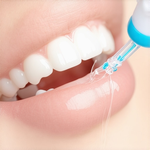 Close up of a water flosser cleaning the gap between a dental crown and the gumline