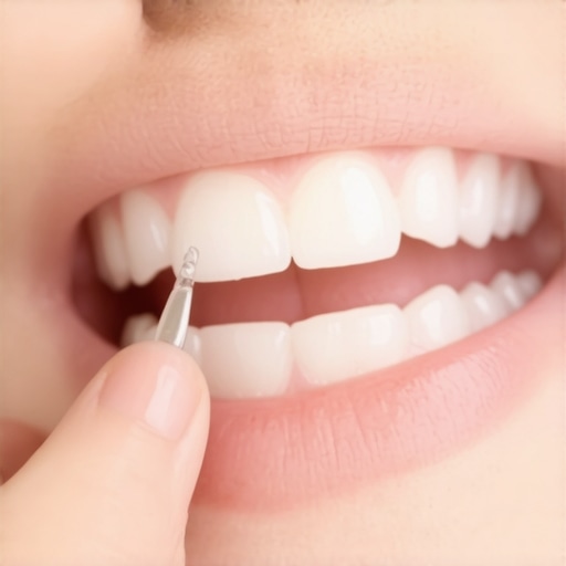 Close-up of orthodontic wax being applied to a sharp chipped tooth for immediate relief.