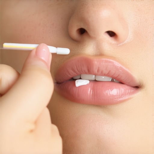 Applying protective gel to a canker sore Close up of person applying treatment to a mouth ulcer with a cotton swab