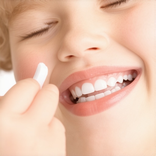 Mother applying a small amount of toothpaste to toddler's teeth to remove fruit stains.