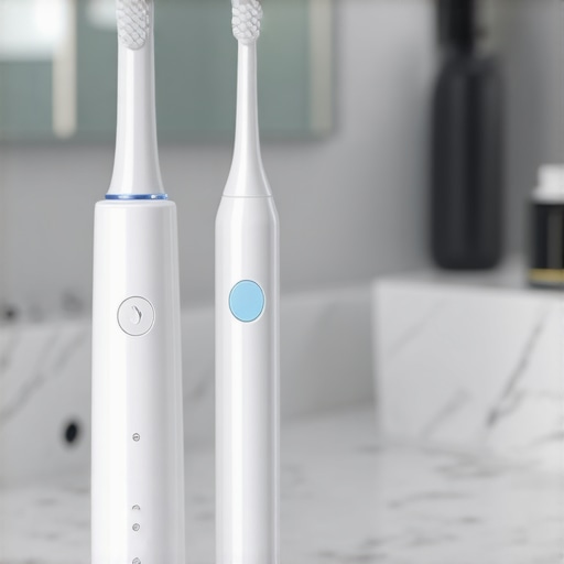 Child-friendly electric toothbrush and water flosser on a bathroom counter.