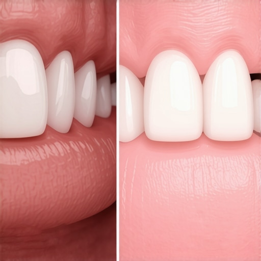 Ceramic vs Metal-Fused Dental Crown Aesthetics Close-up comparison showing a healthy gum line around a ceramic crown versus a dark line on a traditional crown.