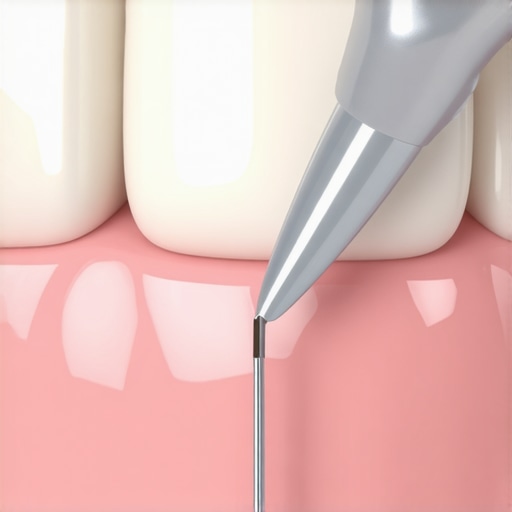 A dentist using a professional probe to check the seal between a dental crown and the natural tooth at the gum line.