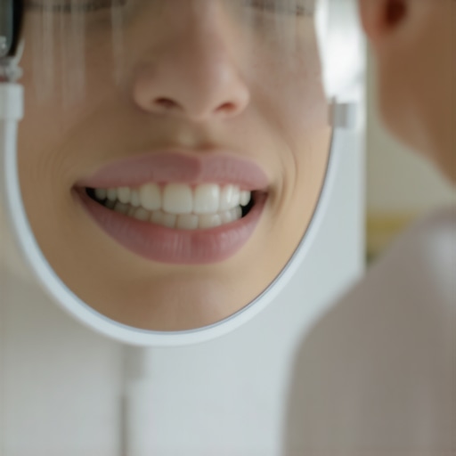 A person points to their dental crown while looking in a mirror to check for signs of a leak or movement.